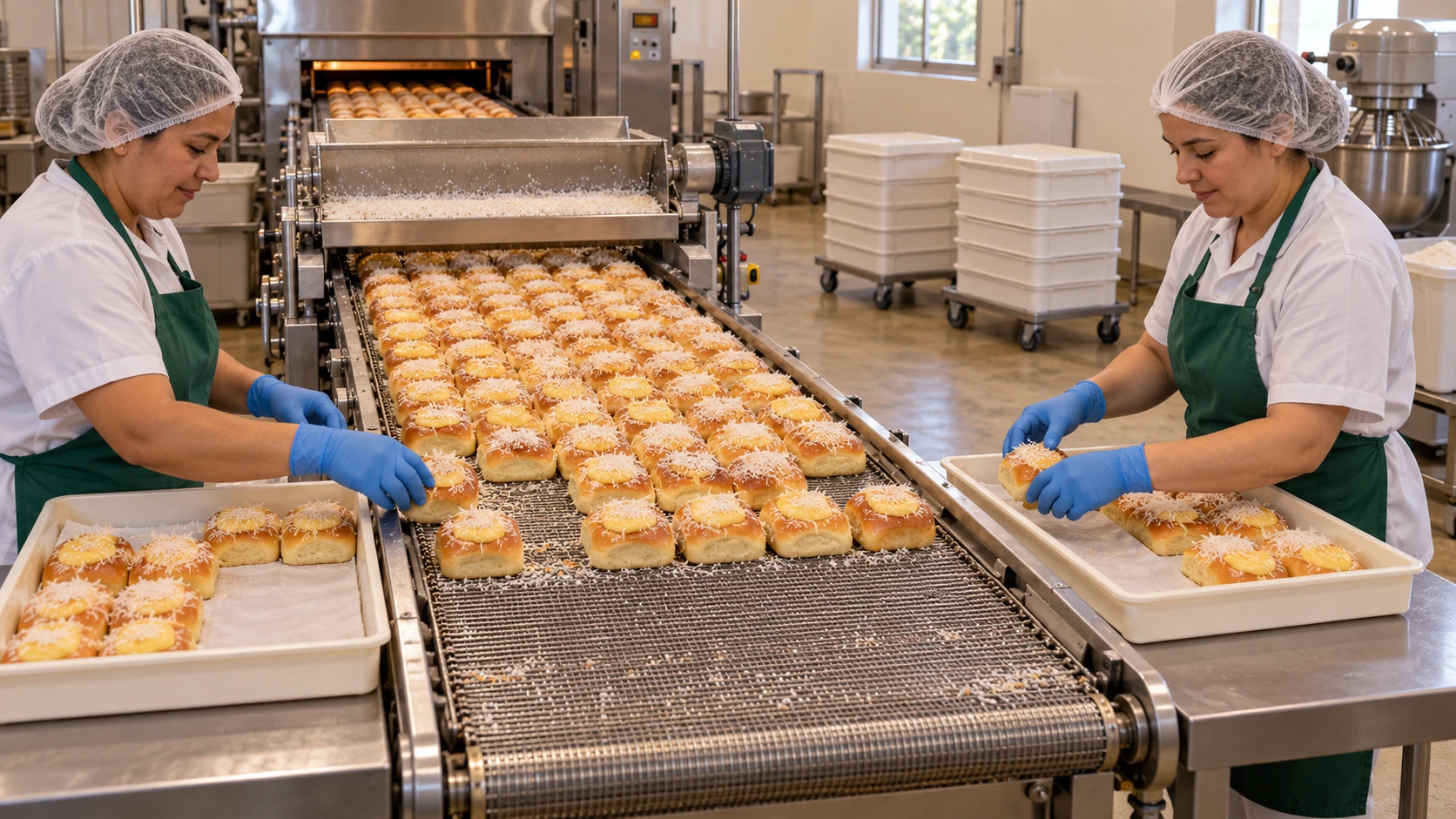Produção organizada de pães doces com creme e coco, com equipe preparando bandejas para expedição