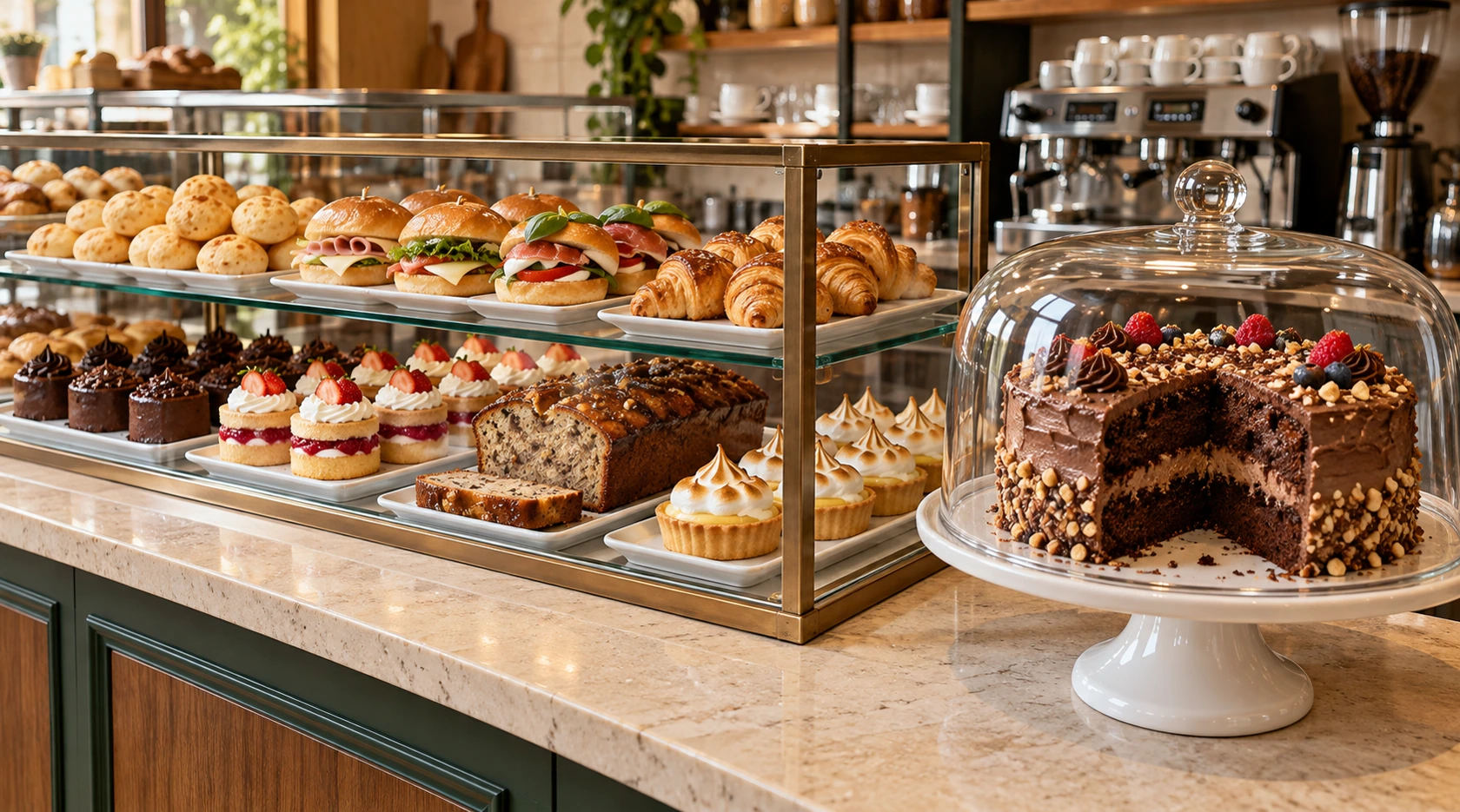 Cafeteria com vitrine de dois níveis, pequenos sanduíches, pães de queijo, bolos e tortas, com bolo de chocolate sob uma cúpula de vidro