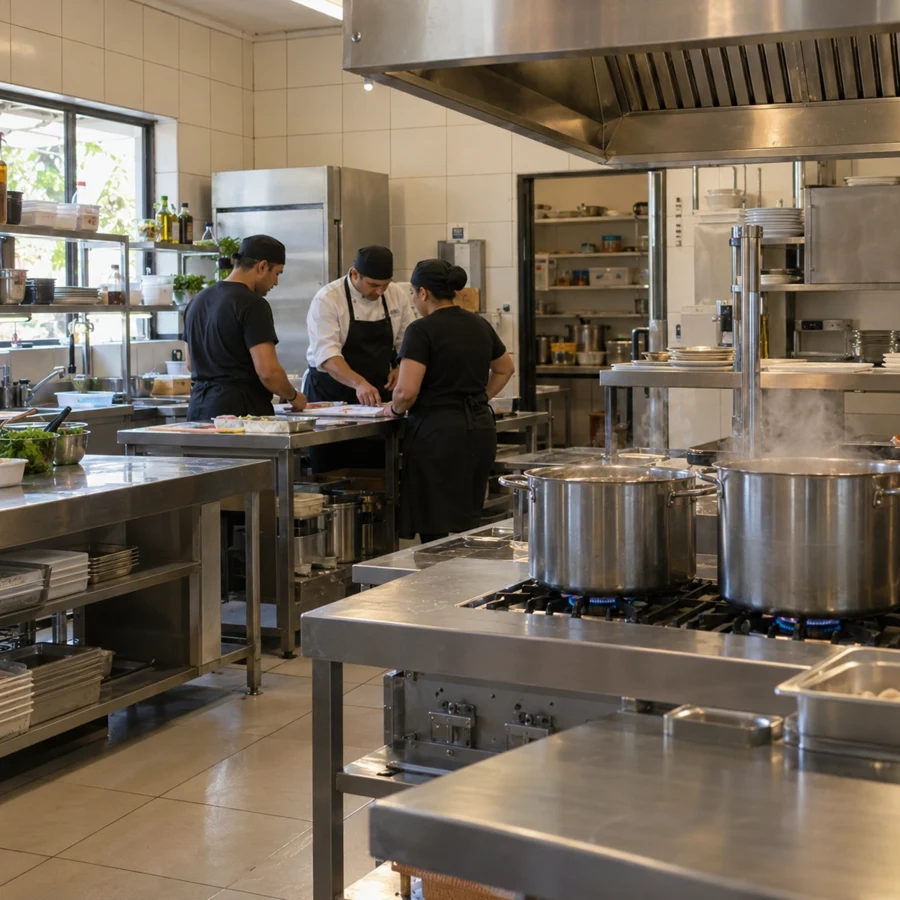 Equipe de restaurante reunida para alinhar o trabalho antes do serviço